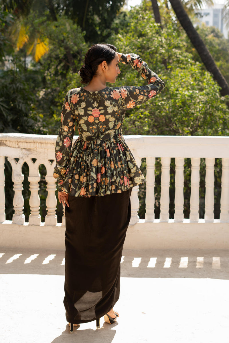 PH-3098 Peplum Skirt set-Black silk by Paulmi & Harsh in black color for women in Singapore