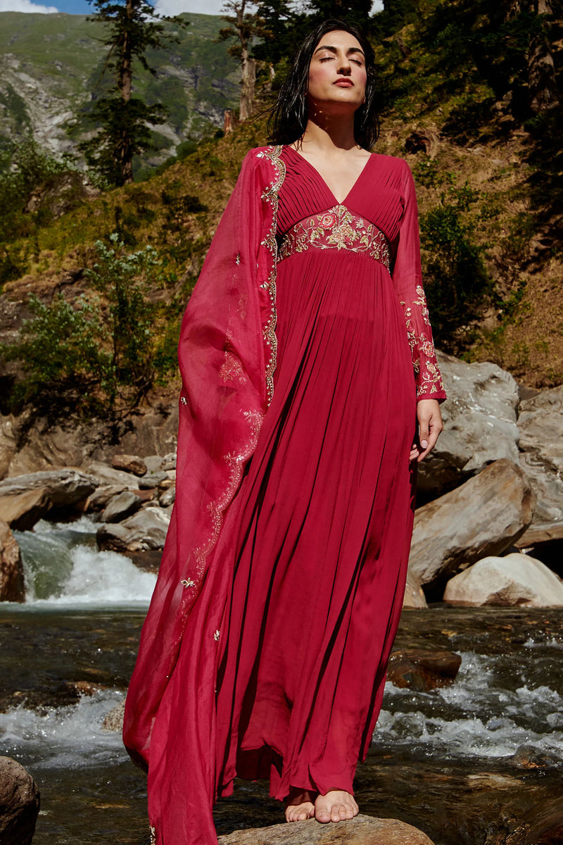Pia Anarkali Set georgettte by Paulmi & Harsh-kahan Sep'26 in wine for women in Singapore