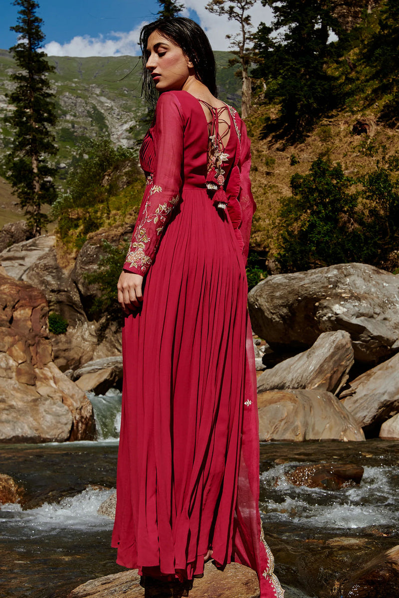 Pia Anarkali Set georgettte by Paulmi & Harsh-kahan Sep'26 in wine for women in Singapore