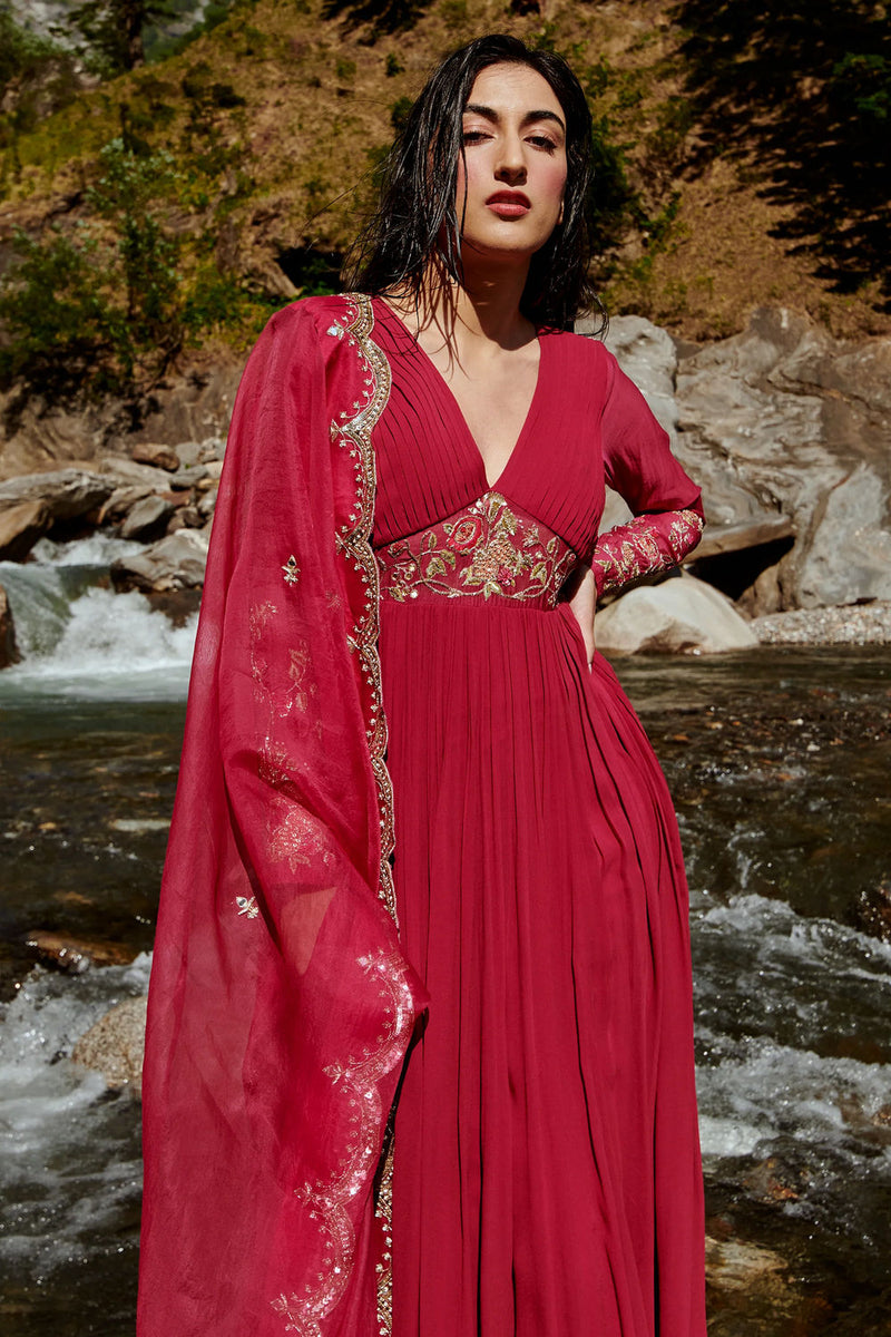 Pia Anarkali Set georgettte by Paulmi & Harsh-kahan Sep'26 in wine for women in Singapore