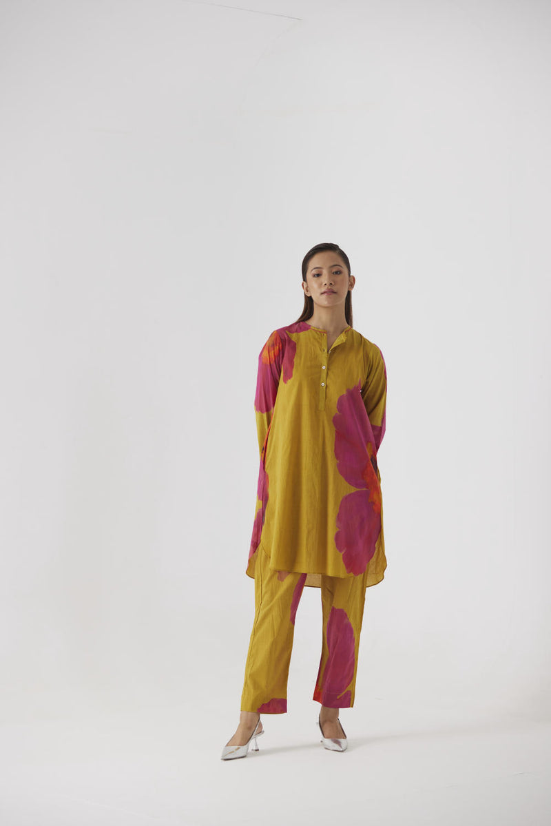 PINK MUSTARD POPPIES SHORT KURTA SET cotton by Yam in yellow color for women in Singapore