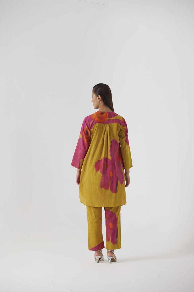PINK MUSTARD POPPIES SHORT KURTA SET cotton by Yam in yellow color for women in Singapore