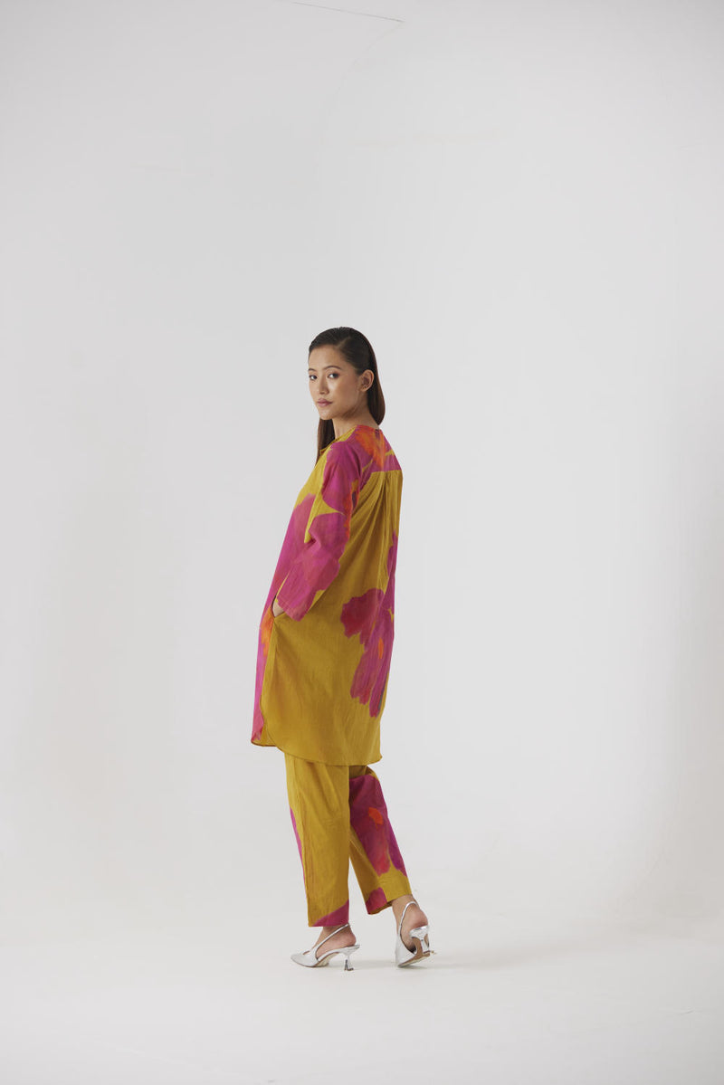 PINK MUSTARD POPPIES SHORT KURTA SET cotton by Yam in yellow color for women in Singapore