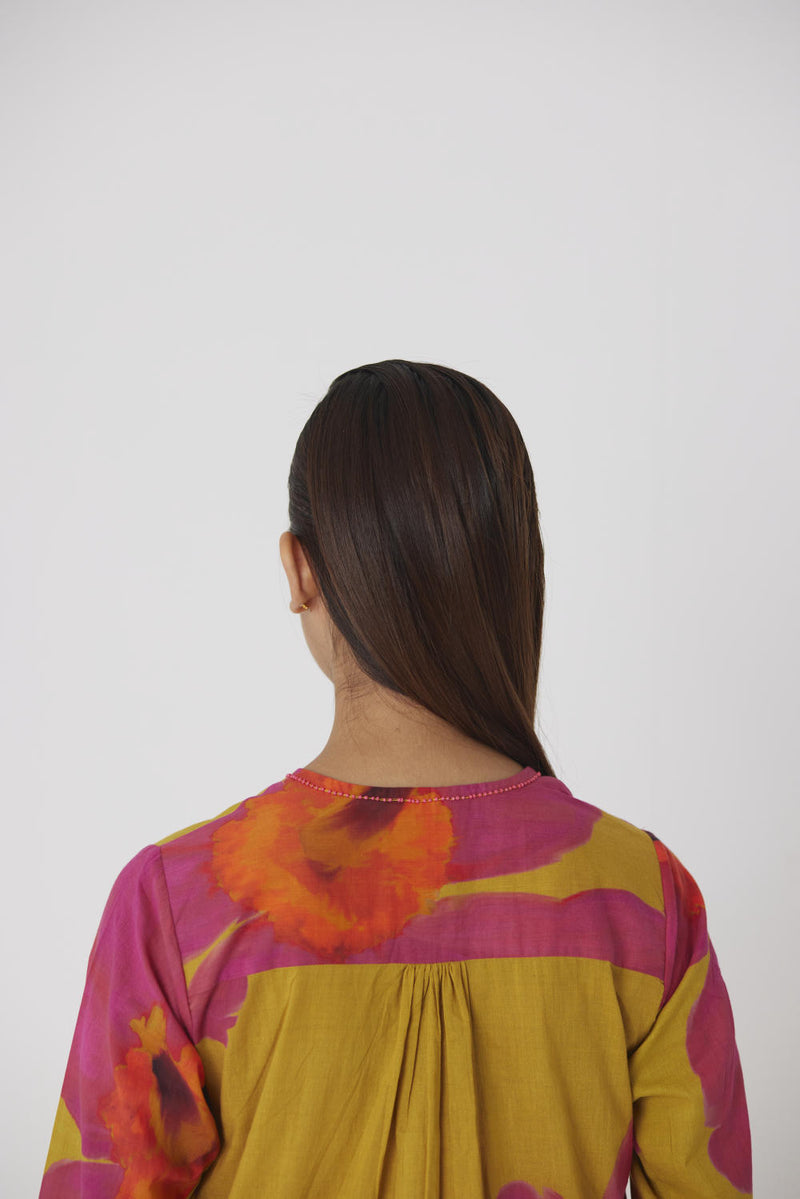 PINK MUSTARD POPPIES SHORT KURTA SET cotton by Yam in yellow color for women in Singapore