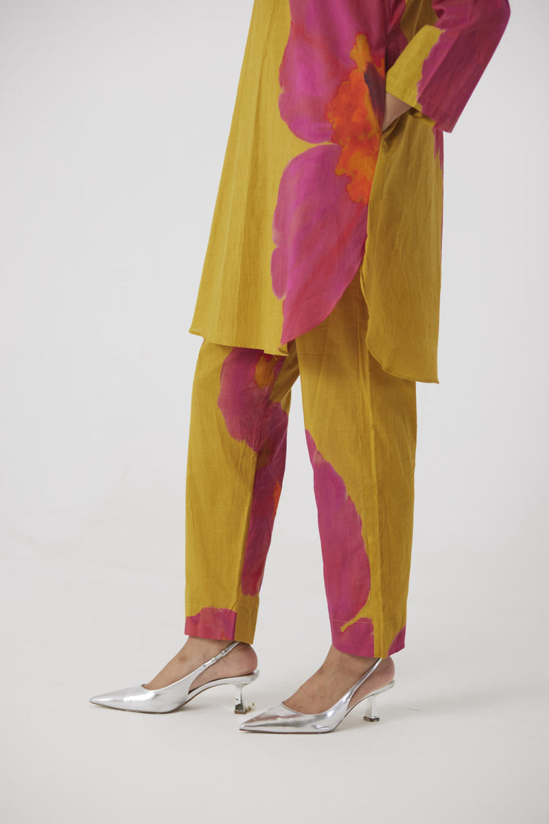 PINK MUSTARD POPPIES SHORT KURTA SET cotton by Yam in yellow color for women in Singapore
