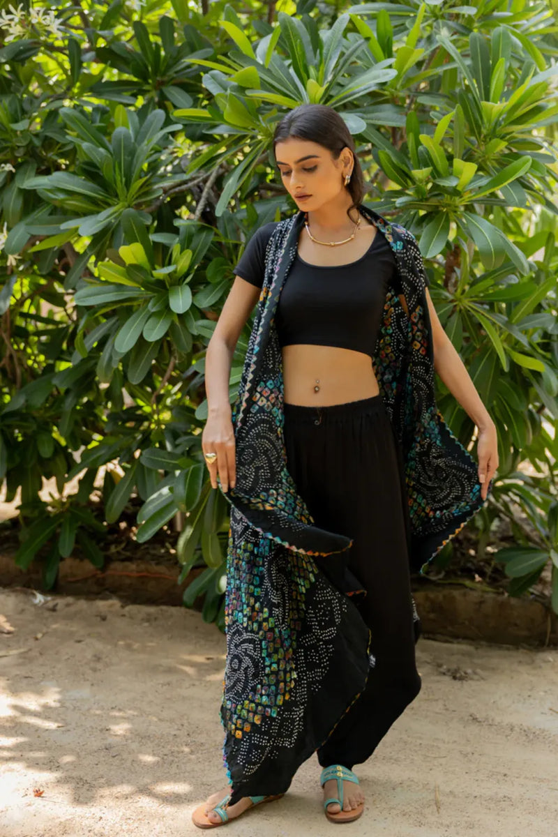 PINWHEEL SHRUG-BLACK silk by Dyelogue in black color for women in Singapore