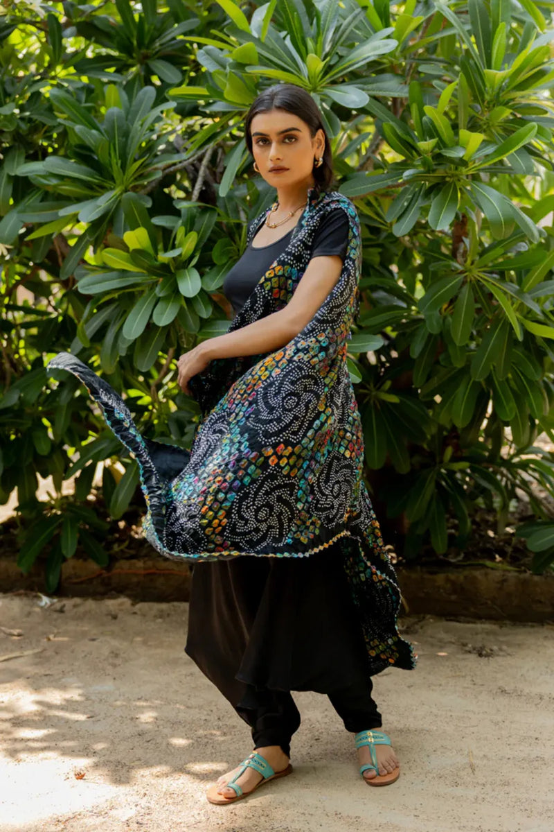 PINWHEEL SHRUG-BLACK silk by Dyelogue in black color for women in Singapore