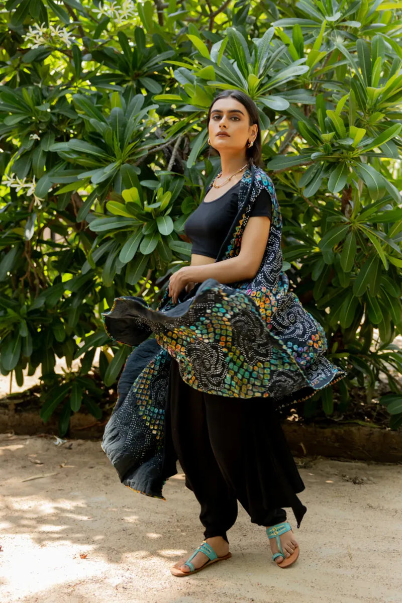 PINWHEEL SHRUG-BLACK silk by Dyelogue in black color for women in Singapore