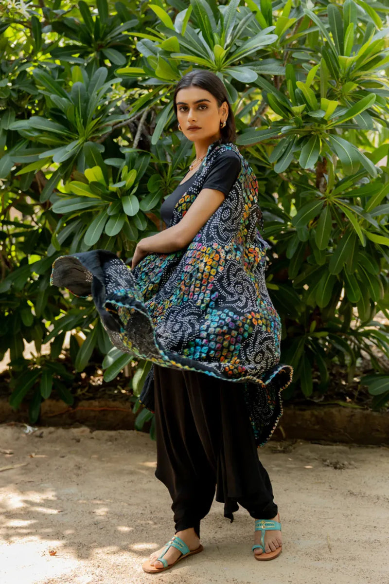 PINWHEEL SHRUG-BLACK silk by Dyelogue in black color for women in Singapore