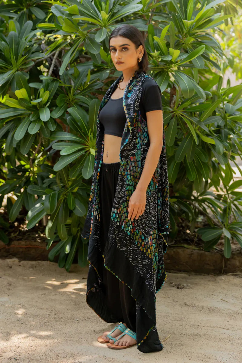 PINWHEEL SHRUG-BLACK silk by Dyelogue in black color for women in Singapore