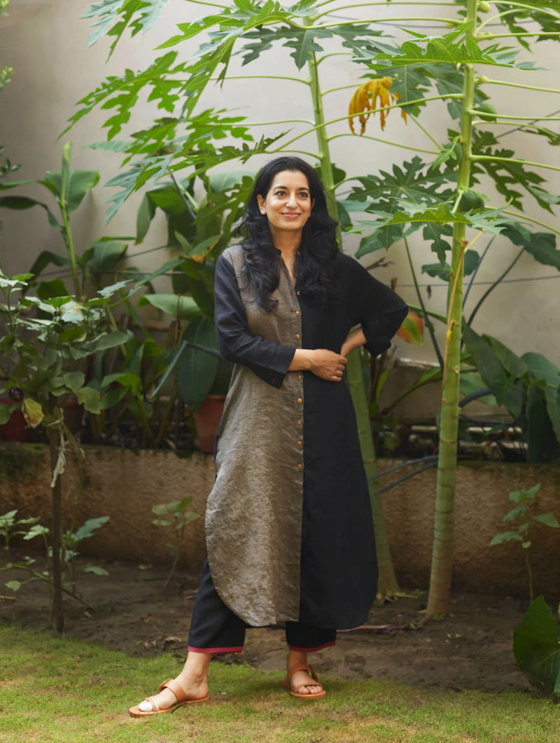 Clara Metallic Shirt Co-ord Set - Black linen by Manan in black color for women in Singapore