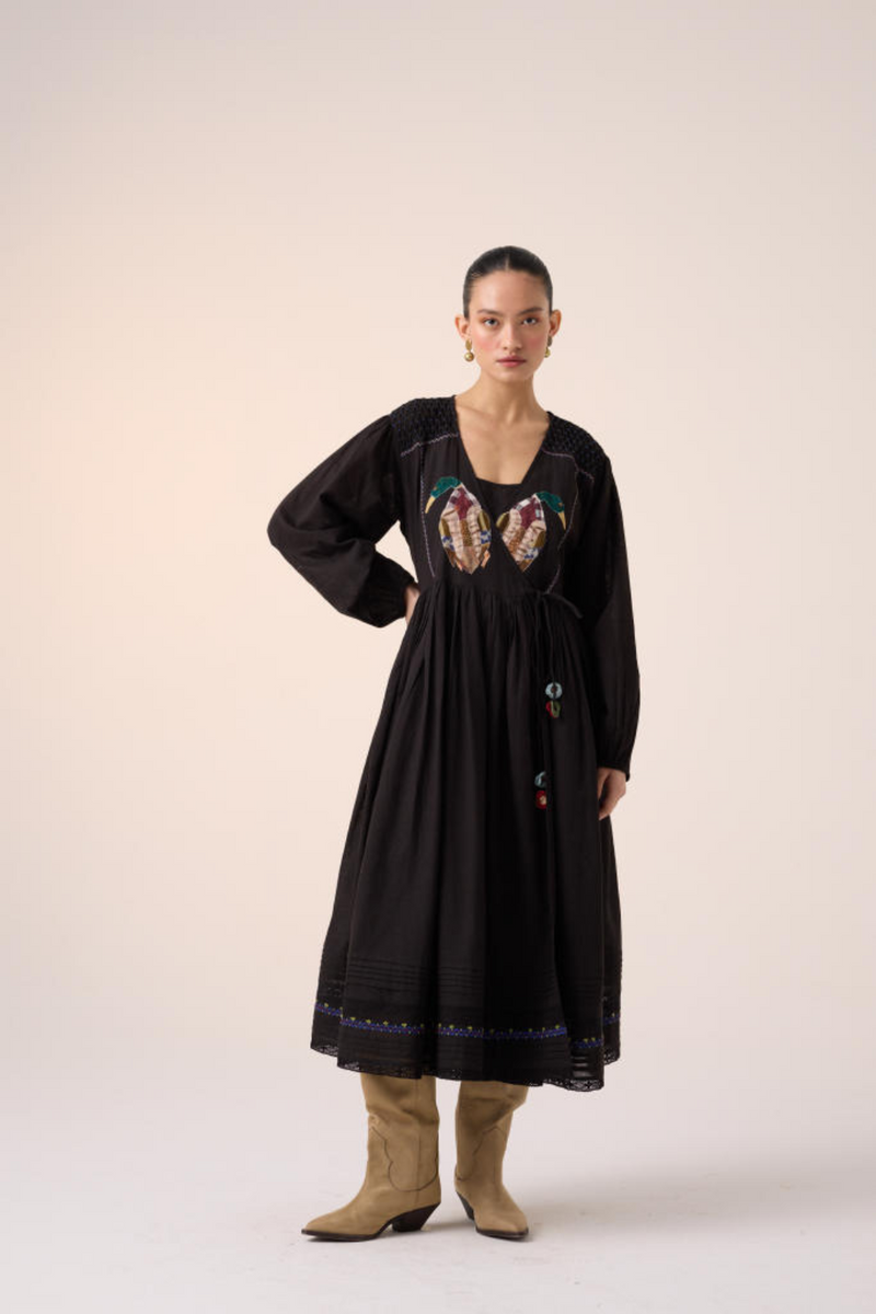 POEM DRESS -BLACK DUCK APPLIQUE cotton by CORD in multi for women in Singapore