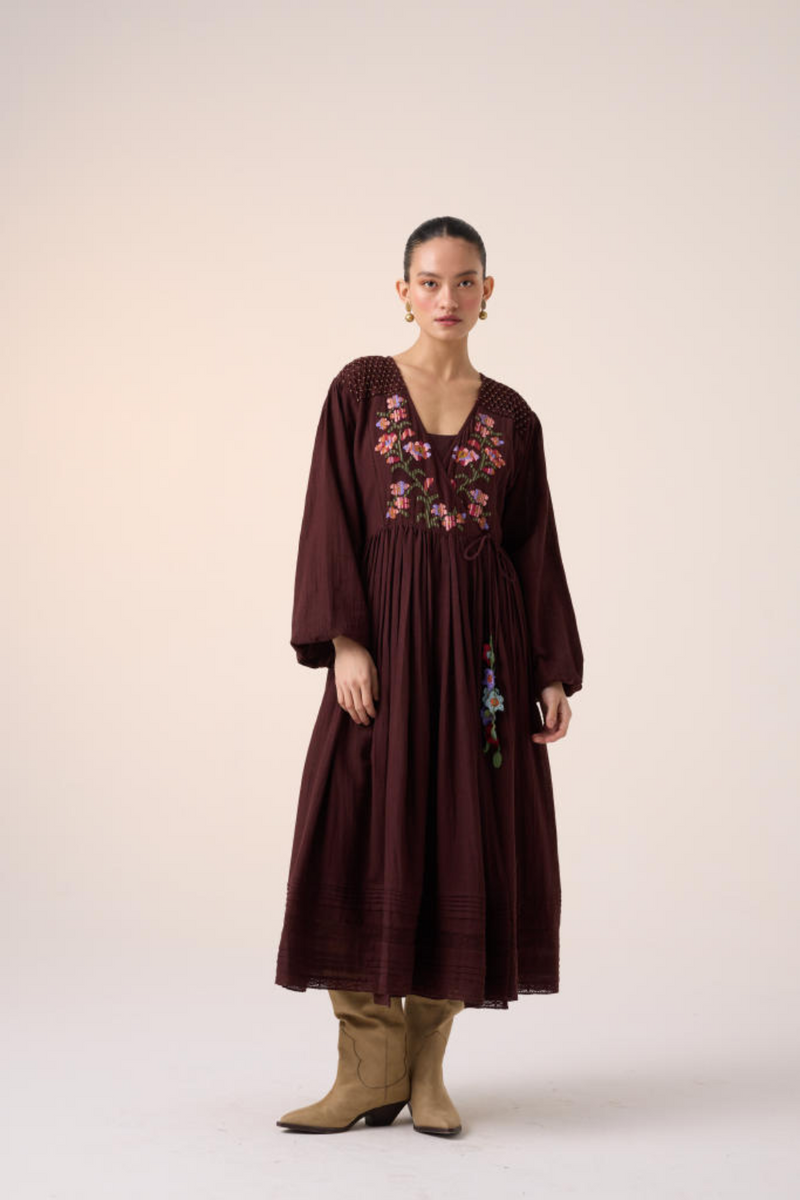 POEM DRESS -MAROON PIXEL EMBROIDERY cotton by CORD in multi for women in Singapore