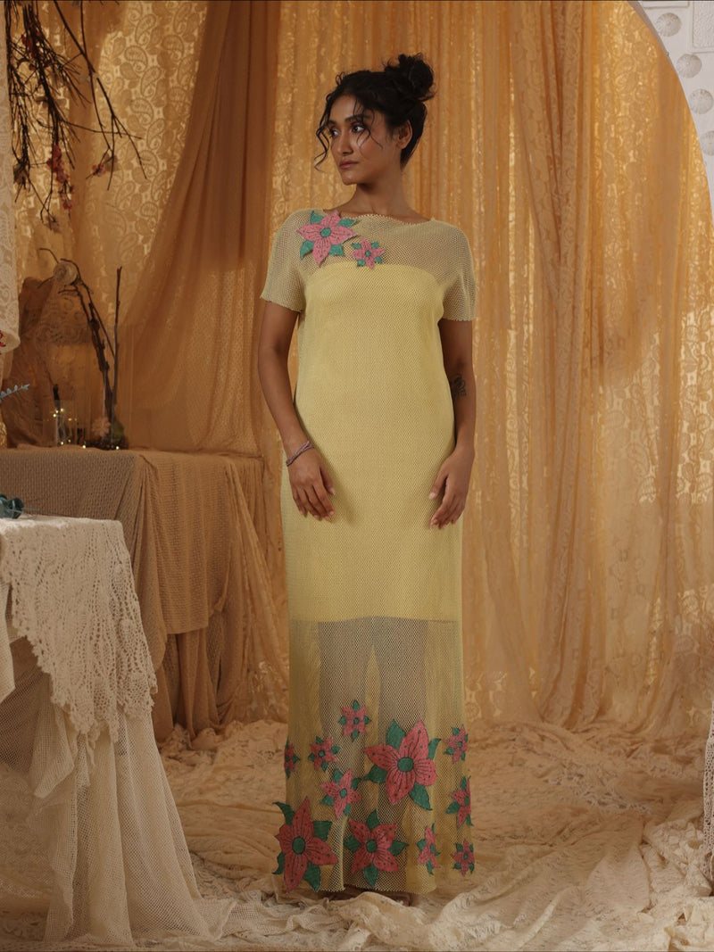 Yellow Cotton Net Applique Dress cotton Buy Yellow Cotton Net Applique Dress from C&W | Dresses for Women by Kritika Murarka in yellow color for women in Singapore