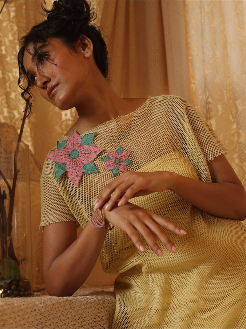 Yellow Cotton Net Applique Dress cotton Buy Yellow Cotton Net Applique Dress from C&W | Dresses for Women by Kritika Murarka in yellow color for women in Singapore