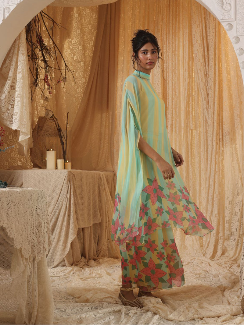 Yellow Blue Stripe Chiffon Batwing Top chiffon Buy Yellow Blue Stripe Chiffon Batwing Top from C&W | Tops And Shirts for Women by Kritika Murarka in blue color for women in Singapore