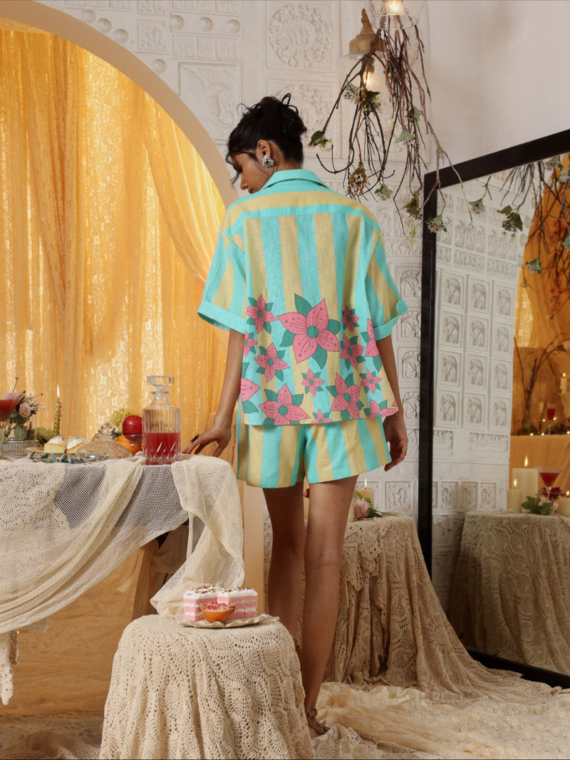 Yellow Blue Stripe Shorts linen Buy Yellow Blue Stripe Shorts from C&W | Shorts for Women by Kritika Murarka in blue color for women in Singapore