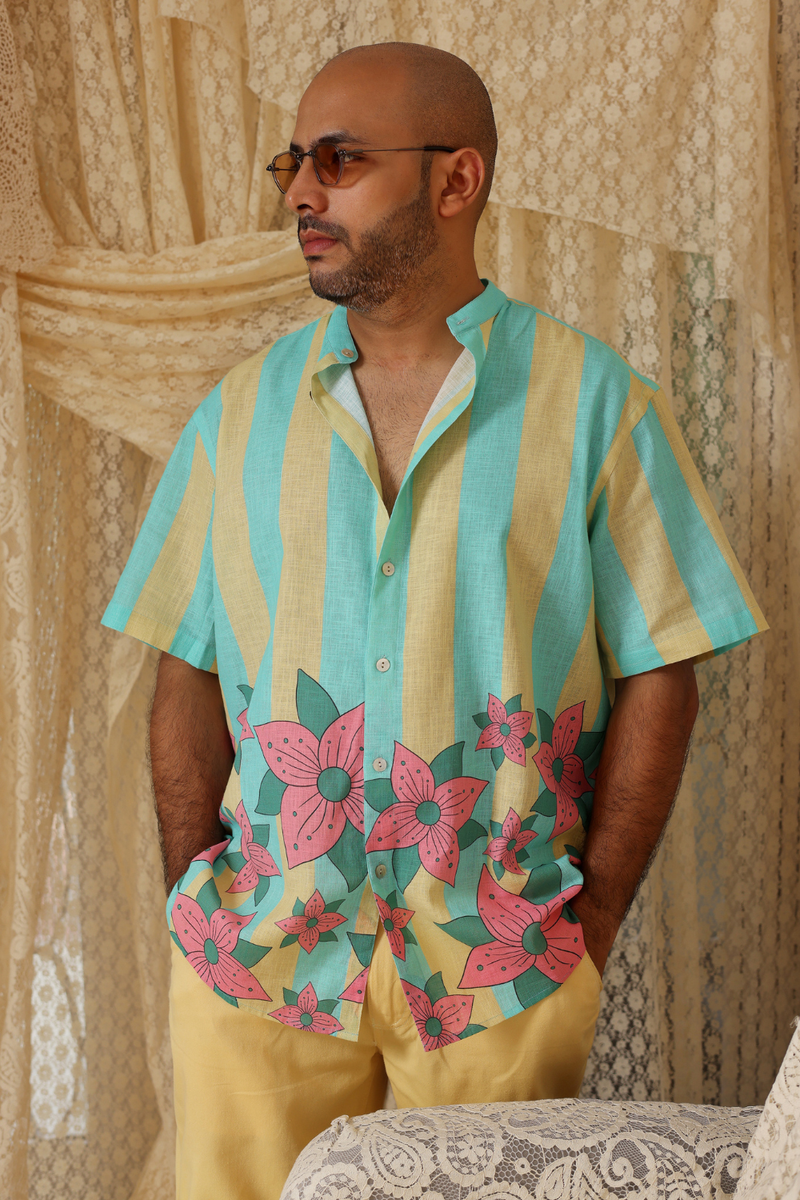 Yellow Blue Stripe Men'S Shirt linen Buy Yellow Blue Stripe Men'S Shirt from C&W | Shirts And T-Shirts for Men by Kritika Murarka in blue color for men in Singapore