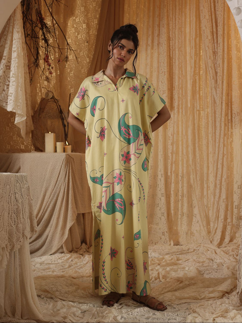 Yellow Paisley Kaftan Dress cotton Buy Yellow Paisley Kaftan Dress from C&W | Dresses for Women by Kritika Murarka in yellow color for women in Singapore
