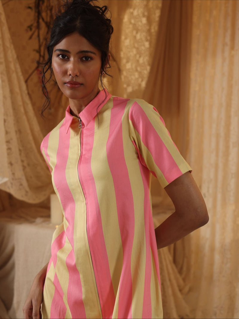 Yellow Pink Stripe Zipper Dress cotton Buy Yellow Pink Stripe Zipper Dress from C&W | Dresses for Women by Kritika Murarka in pink color for women in Singapore