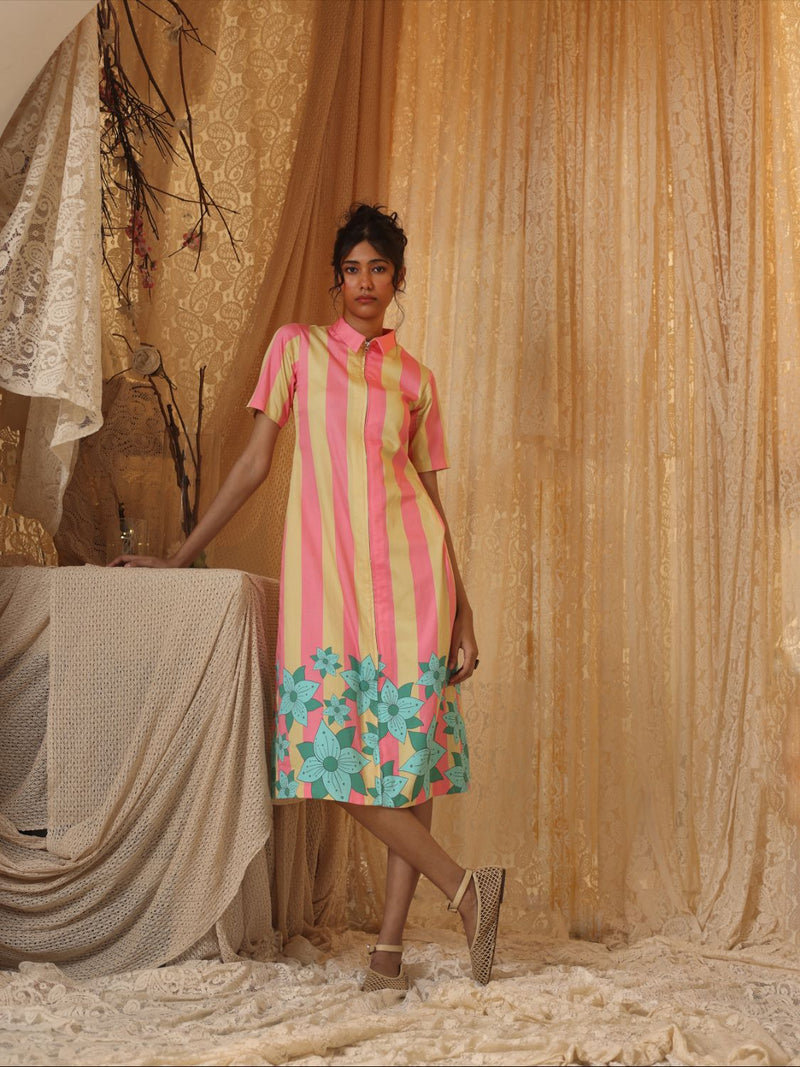 Yellow Pink Stripe Zipper Dress cotton Buy Yellow Pink Stripe Zipper Dress from C&W | Dresses for Women by Kritika Murarka in pink color for women in Singapore