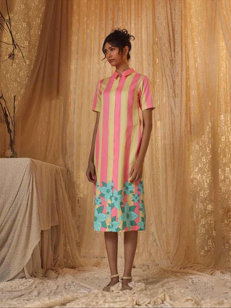 Yellow Pink Stripe Zipper Dress cotton Buy Yellow Pink Stripe Zipper Dress from C&W | Dresses for Women by Kritika Murarka in pink color for women in Singapore