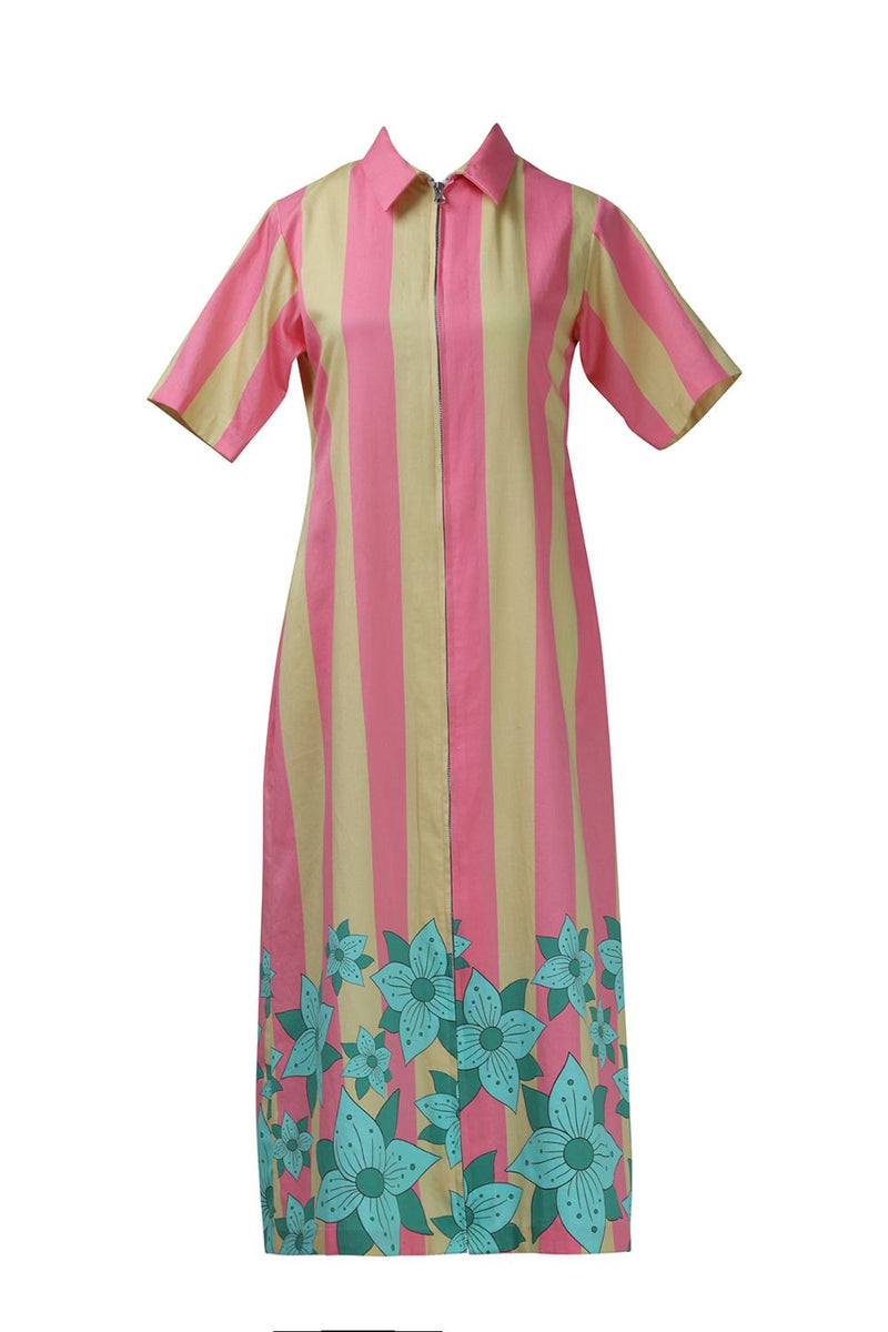 Yellow Pink Stripe Zipper Dress cotton Buy Yellow Pink Stripe Zipper Dress from C&W | Dresses for Women by Kritika Murarka in pink color for women in Singapore