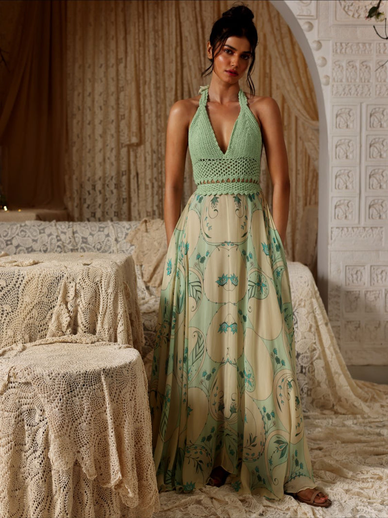 Mint Circle Print Crochet Bralette Maxi chiffon Buy Mint Circle Print Crochet Bralette Maxi from C&W | Dresses for Women by Kritika Murarka in mint color for women in Singapore