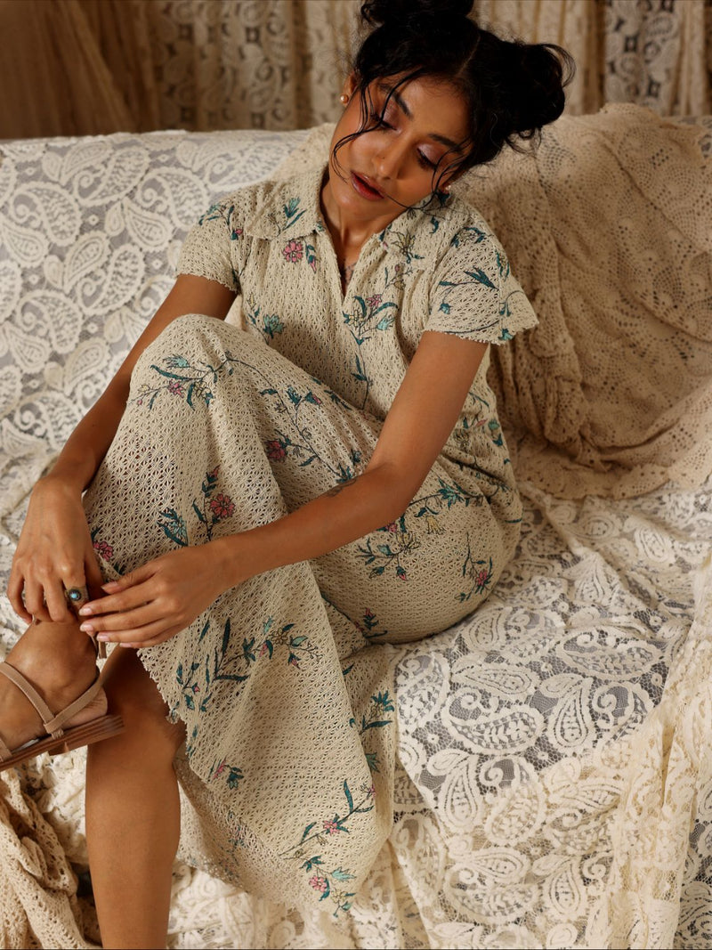 Beige Floral Cotton Net Collared Maxi cotton Buy Beige Floral Cotton Net Collared Maxi from C&W | Dresses for Women by Kritika Murarka in beige color for women in Singapore