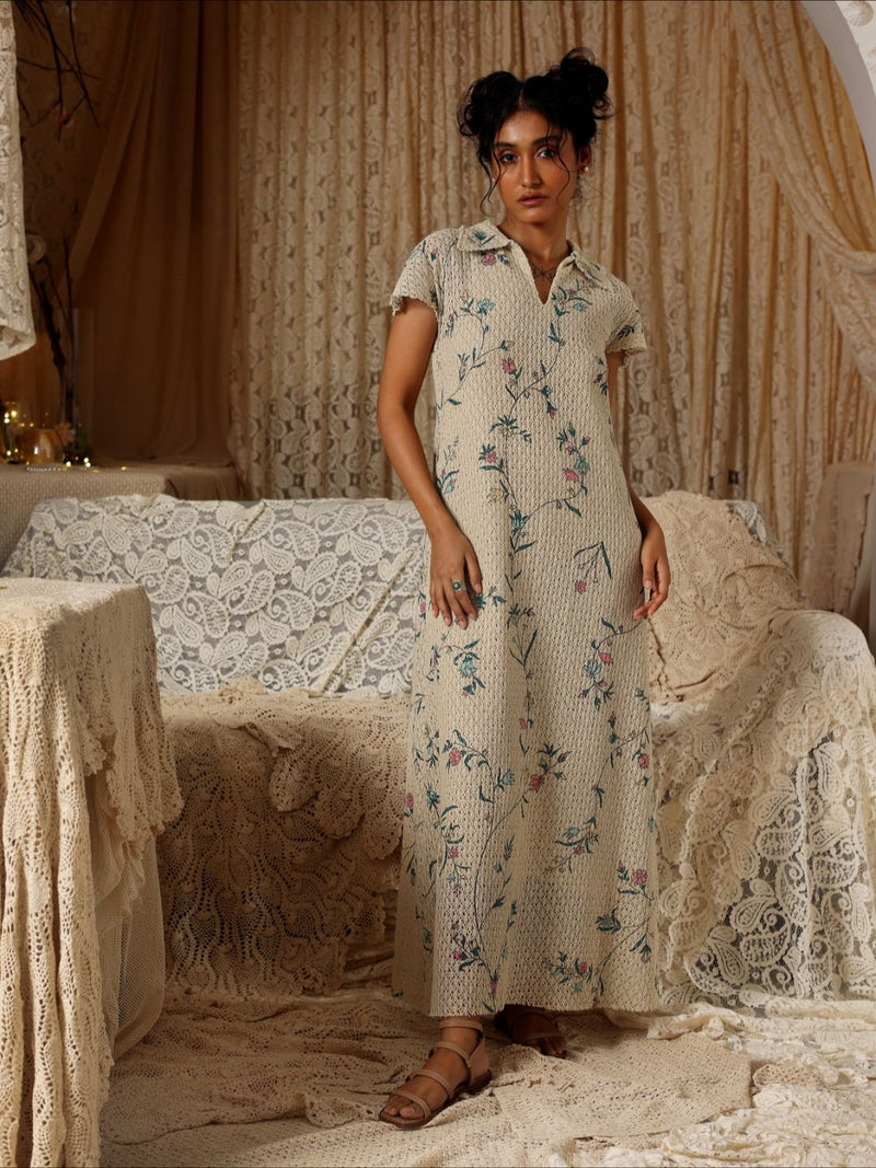 Beige Floral Cotton Net Collared Maxi cotton Buy Beige Floral Cotton Net Collared Maxi from C&W | Dresses for Women by Kritika Murarka in beige color for women in Singapore