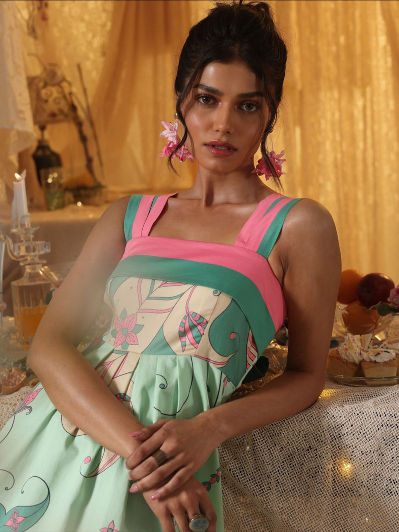 Mint Paisley Short Dress With Back Tie-Up cotton Buy Mint Paisley Short Dress With Back Tie-Up from C&W | Dresses for Women by Kritika Murarka in mint color for women in Singapore