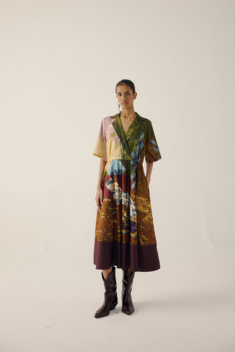 PRINT BLOCKED DRESS-Lakeside satin by CORD for women in Singapore