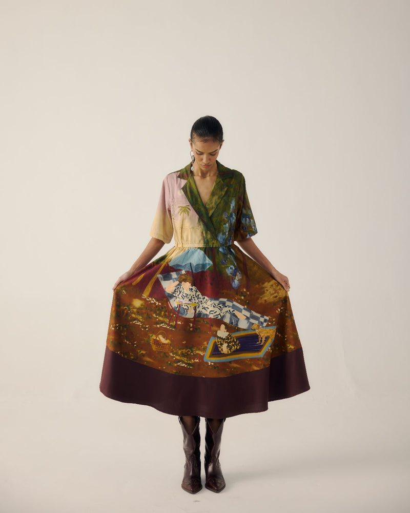 PRINT BLOCKED DRESS-Lakeside satin by CORD for women in Singapore