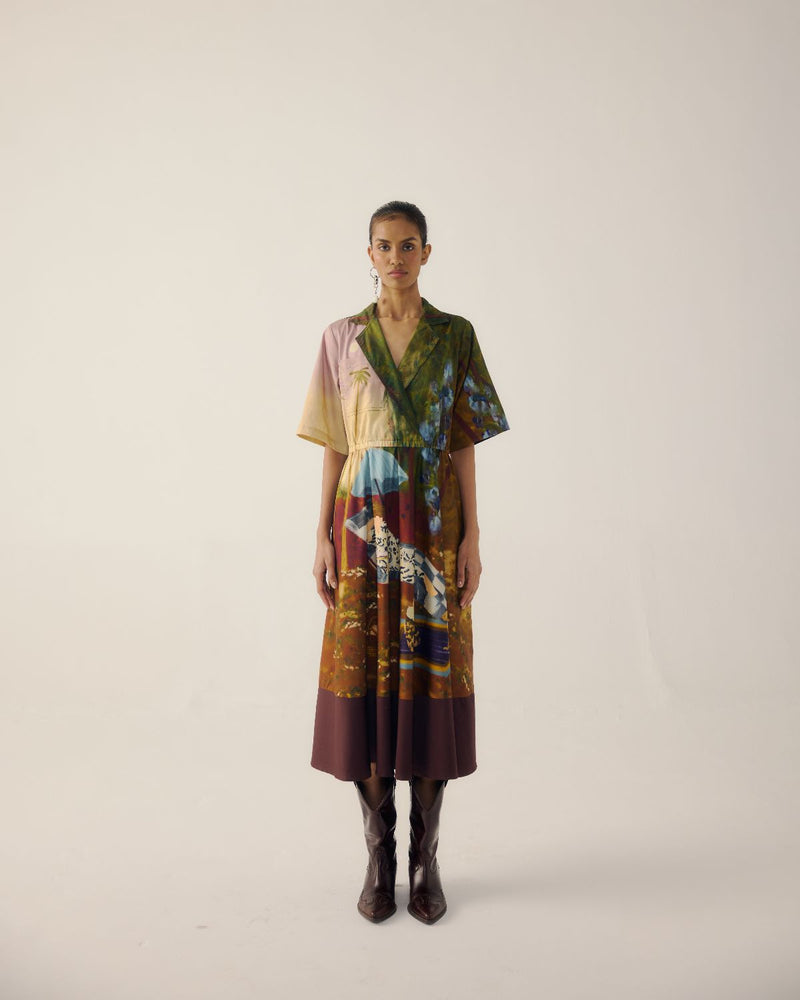 PRINT BLOCKED DRESS-Lakeside satin by CORD for women in Singapore