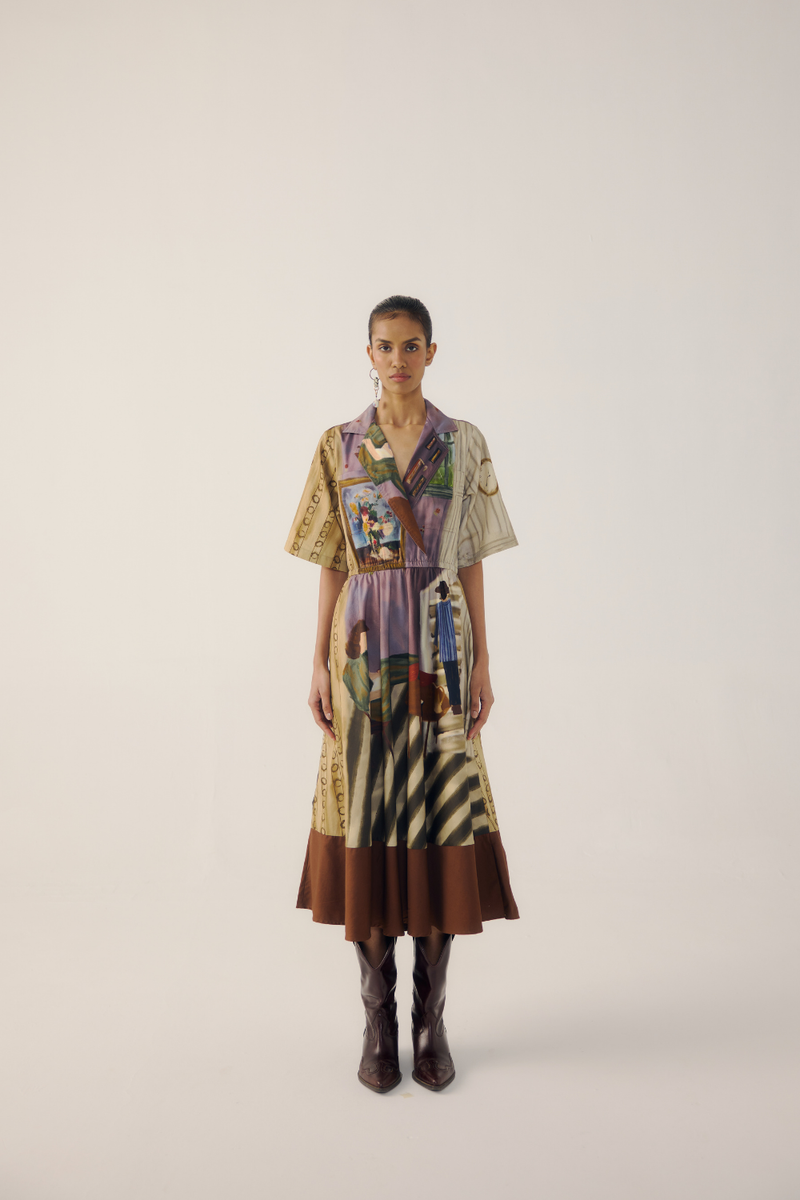 PRINT BLOCKED DRESS-Living Room satin by CORD for women in Singapore