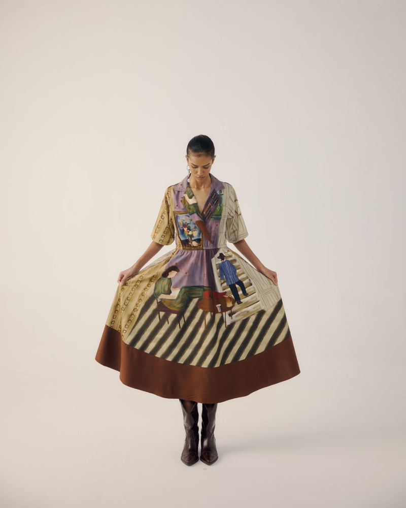 PRINT BLOCKED DRESS-Living Room satin by CORD for women in Singapore