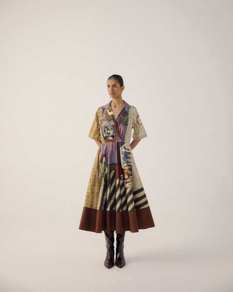 PRINT BLOCKED DRESS-Living Room satin by CORD for women in Singapore