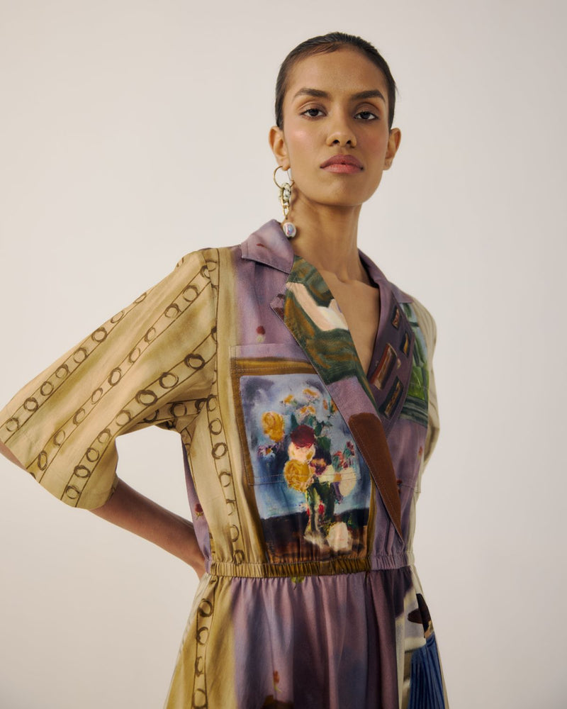 PRINT BLOCKED DRESS-Living Room satin by CORD for women in Singapore