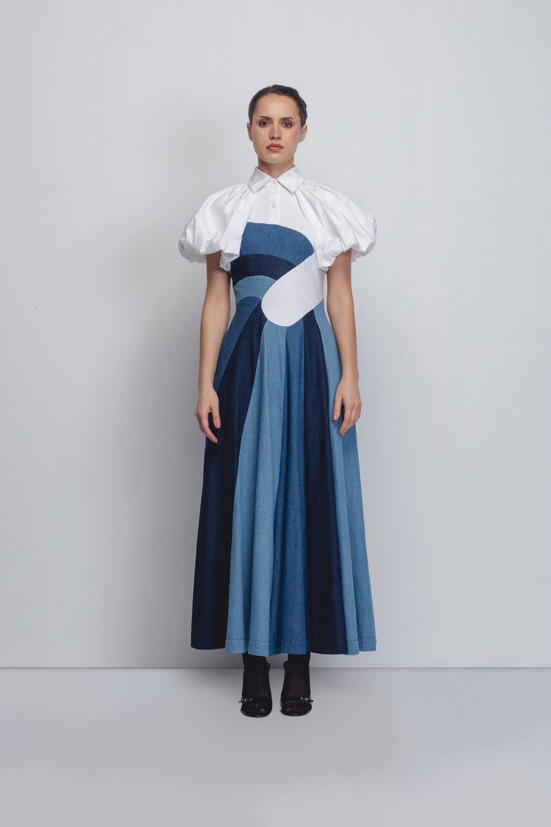 Prism Panelled Dress - Denim Blue + White cotton Buy Prism Panelled Dress - Denim Blue + White from C&W | Dresses for Women by Leh Studios in white color for women in Singapore