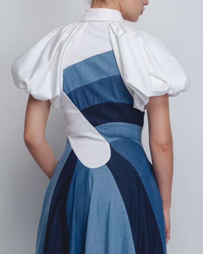 Prism Panelled Dress - Denim Blue + White cotton Buy Prism Panelled Dress - Denim Blue + White from C&W | Dresses for Women by Leh Studios in white color for women in Singapore