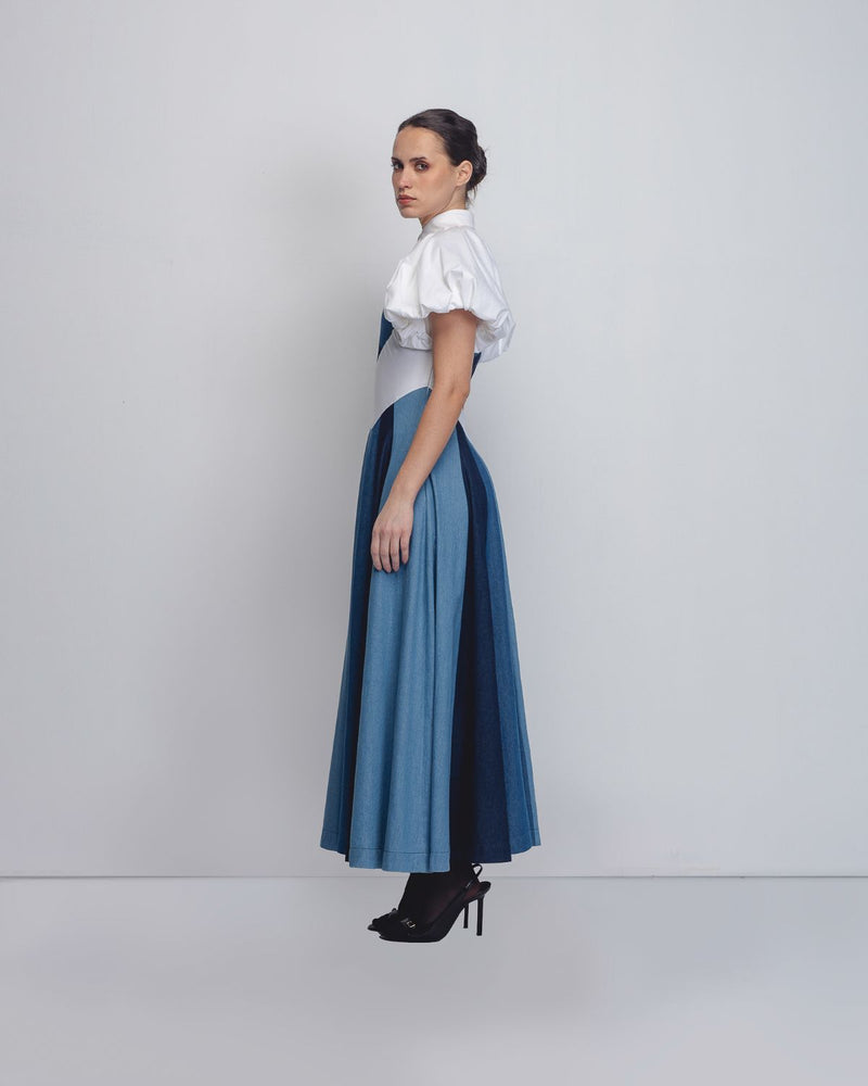 Prism Panelled Dress - Denim Blue + White cotton Buy Prism Panelled Dress - Denim Blue + White from C&W | Dresses for Women by Leh Studios in white color for women in Singapore