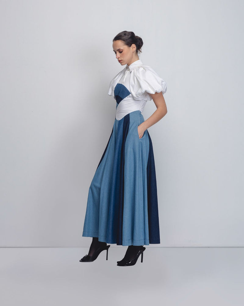 Prism Panelled Dress - Denim Blue + White cotton Buy Prism Panelled Dress - Denim Blue + White from C&W | Dresses for Women by Leh Studios in white color for women in Singapore