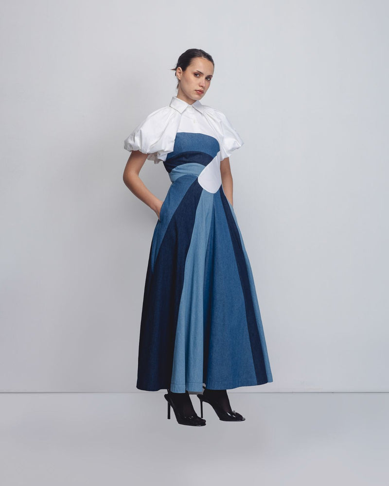 Prism Panelled Dress - Denim Blue + White cotton Buy Prism Panelled Dress - Denim Blue + White from C&W | Dresses for Women by Leh Studios in white color for women in Singapore