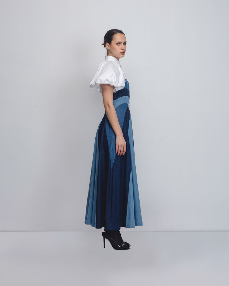 Prism Panelled Dress - Denim Blue + White cotton Buy Prism Panelled Dress - Denim Blue + White from C&W | Dresses for Women by Leh Studios in white color for women in Singapore