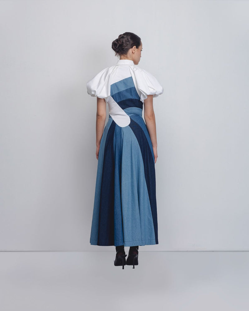 Prism Panelled Dress - Denim Blue + White cotton Buy Prism Panelled Dress - Denim Blue + White from C&W | Dresses for Women by Leh Studios in white color for women in Singapore