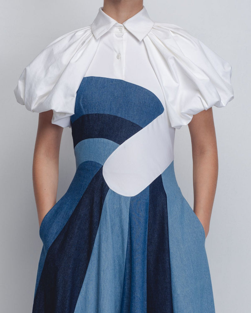 Prism Panelled Dress - Denim Blue + White cotton Buy Prism Panelled Dress - Denim Blue + White from C&W | Dresses for Women by Leh Studios in white color for women in Singapore