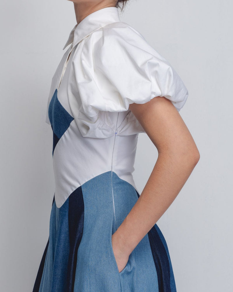 Prism Panelled Dress - Denim Blue + White cotton Buy Prism Panelled Dress - Denim Blue + White from C&W | Dresses for Women by Leh Studios in white color for women in Singapore