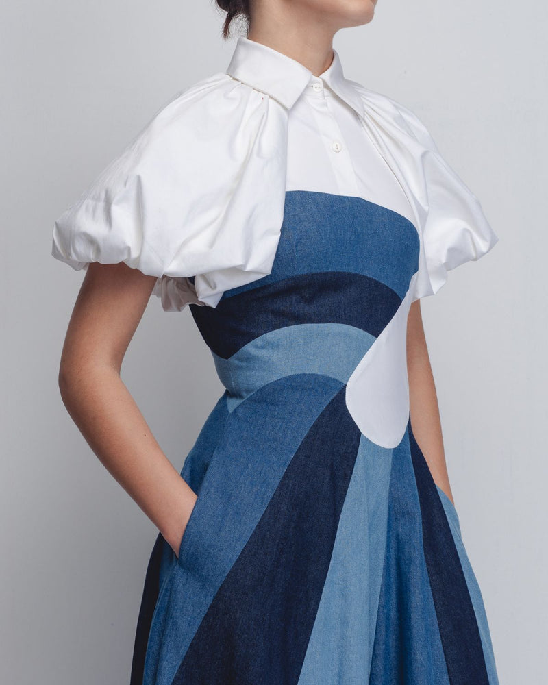 Prism Panelled Dress - Denim Blue + White cotton Buy Prism Panelled Dress - Denim Blue + White from C&W | Dresses for Women by Leh Studios in white color for women in Singapore