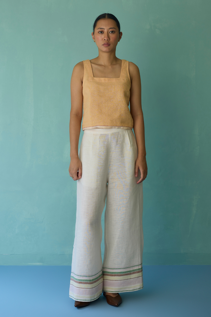 Alina Border Linen Pants - Ivory linen pant/trouser by Manan in ivory for women in Singapore
