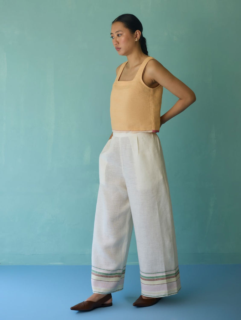 Alina Border Linen Pants - Ivory linen pant/trouser by Manan in ivory for women in Singapore